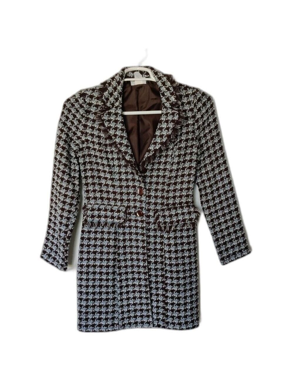 B. Moss Houndstooth Longline Blazer Jacket Brown Blue Fringe Trim Size 4 2822